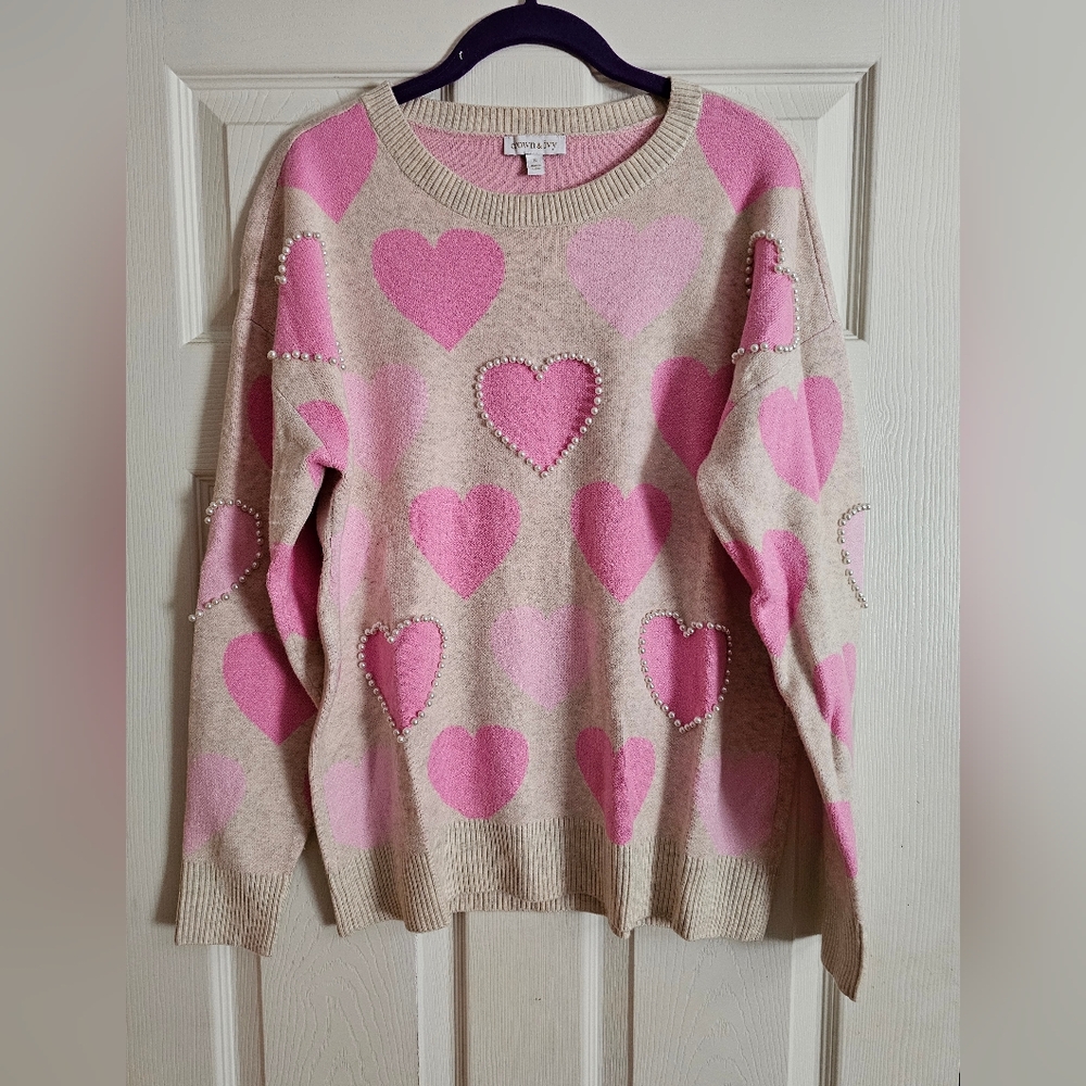 ROMWE Beige and Pink Heart Sweater